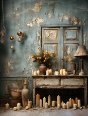 rustic grunge christmas indoor scene, distressed, cracked peeling paint