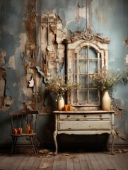 rustic grunge christmas indoor scene, distressed, cracked peeling paint