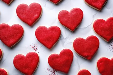 Obraz premium Closeup pink background lot cookies shape hearts. Generative AI