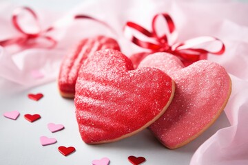 Obraz premium Closeup pink background lot cookies shape hearts. Generative AI