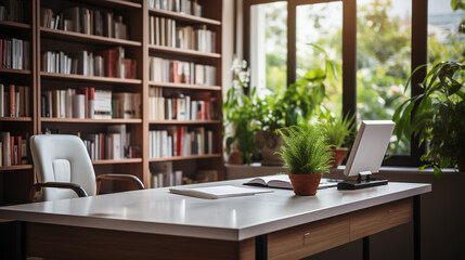 A working office with desk, laptop and big bookshelf 