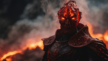 fire in the woods A magma lord emerging from the depths of the earth, surrounded by flames and smoke 