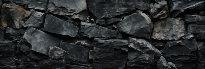 Panorama of Black stone wall texture. Abstract background for design.