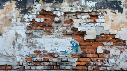Old brick wall with peeling white paint. Abstract background and texture for design.