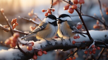two chickadees perched on tree branches in winter