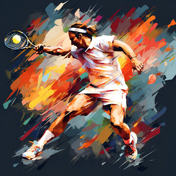 Large Tennis. man with racket and flying ball ready for strike during tennis match. silhouettes of tennis players