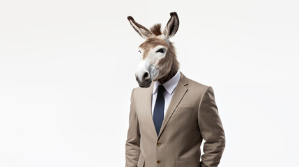 A person with donkey head wearing suit standing in front of white background