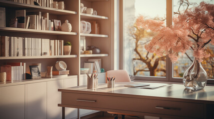 Female working office in soft beige tone with working desk and bookshelves