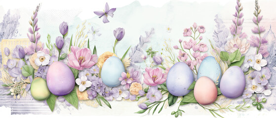 Fototapeta na wymiar Pastel Easter Eggs and Blooming Flowers