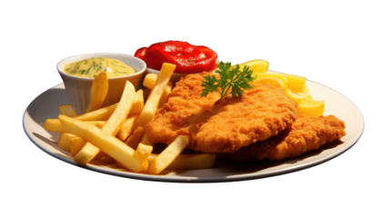 A German schnitzel with fries, lemon and ketchup, isolated on a transparent background 
