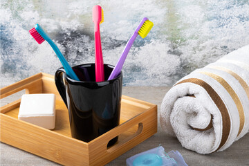 Healthcare. Focus on toothbrush, dental hygiene.