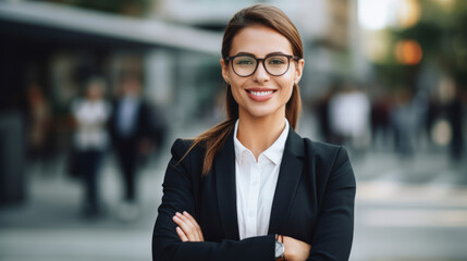 Portrait of a young happy pretty smiling professional business woman, happy confident positive female entrepreneur standing outdoor on street arms crossed, looking at camera