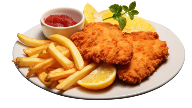A German schnitzel with fries, lemon and ketchup, isolated on a transparent background 