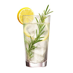 A gin and tonic in a long drink glass with ice, lemon and rosemary, isolated on a transparent background