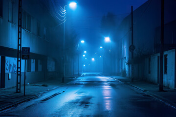 A dark empty street, dark blue background, an empty dark scene, neon light, spotlights.