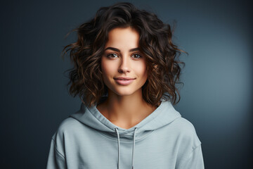 Fototapeta premium Brunette woman with short wavy brown hair standing on a blue background. Generative AI.