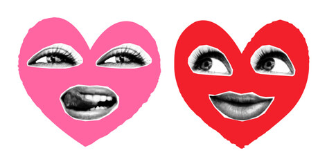Valentines day halftone collage elements set. Cut out of magazine shapes, red and pink hearts with female eyes and mouths, lips. Modern retro grunge punk vector illustration
