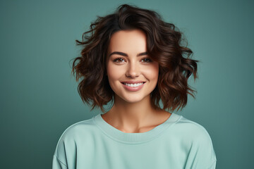 Cheerful woman with short wavy brown hair smiling on a blue background. Generative AI.