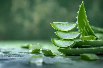 Fotobehang Slices of aloe vera on green background. Natural organic cosmetics and herbal medicine. Natural extract for skin care © Lazy_Bear
