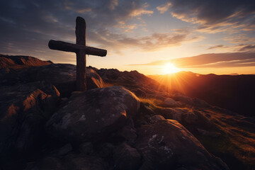Concept of faith in God. Silhouette of a religious cross on mountain peak at sunset. Hope for salvation, request for help to heaven - obrazy, fototapety, plakaty