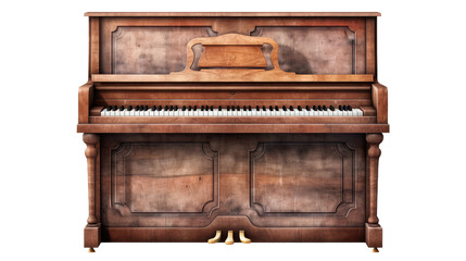 Fototapeta na wymiar A very old brown piano, vintage, honky tonk, saloon, isolated or white background