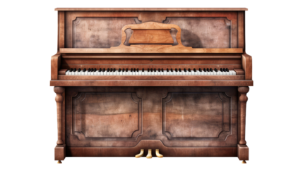 A very old brown piano, vintage, honky tonk, saloon, isolated or white background