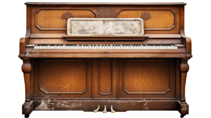 A very old brown piano, vintage, honky tonk, saloon, isolated or white background