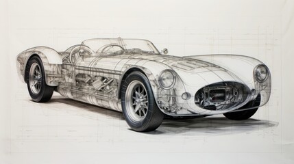 mechanical drawing of a sports car, copy space, 16:9