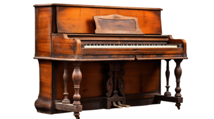 A very old brown piano, vintage, honky tonk, saloon, isolated or white background