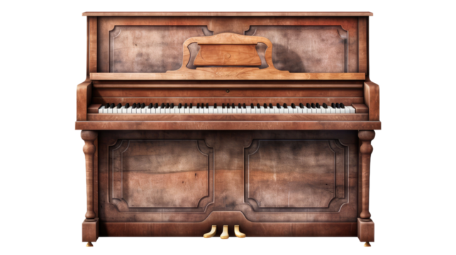 A very old brown piano, vintage, honky tonk, saloon, isolated or white background