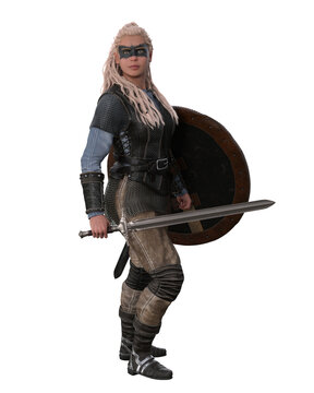 Viking shield maiden warrior woman standing with sword and shield. Isolated 3D illustration.