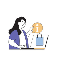 Shopping concept with cartoon people in flat design for web. Woman makes purchases in online store and researching info by laptop. Vector illustration for social media banner, marketing material.