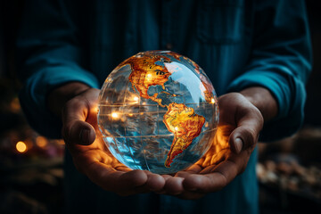 Global network concept. Man holding earth globe model in his hands. Generative AI.