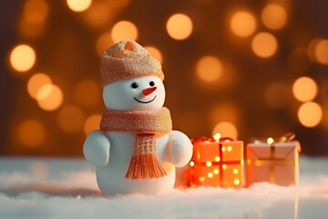 Snowman and gifts on the snowy ground on a lit bokeh background. Christmas scene. Generative AI.