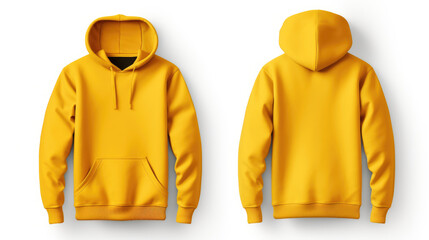 Yellow hoodie with a blank front and back view, mockup, white background.