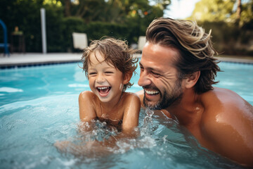 Portrait of happy family. Father and son funny in water pool at summer day. Generative AI. - obrazy, fototapety, plakaty