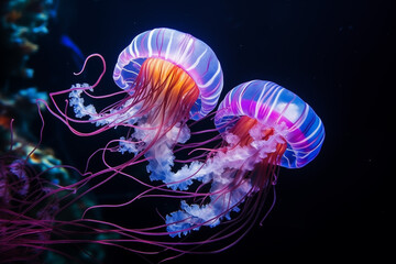 Obraz premium Jellyfish in an aquarium. Underwater animals in the sea. Aquatic jellyfish wildlife. Marine animals deep under the sea. Jellyfish with tentacles. Fluorescent jellyfish in neon colors. Generative AI