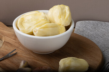 Ripe jackfruit in a bowl. Selective focus.
