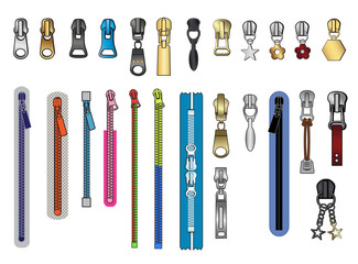 Bundle of modern zippers for men and women clothes.
