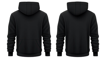 Blank black hoodie in front and back view, mockup, white background