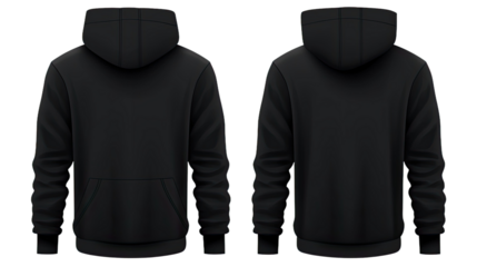 Blank black hoodie in front and back view, mockup, white background