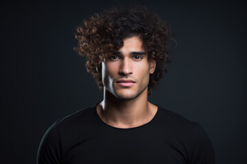 Obraz premium Portrait of attractive confident young man relaxed and serious on black background. Generative AI.
