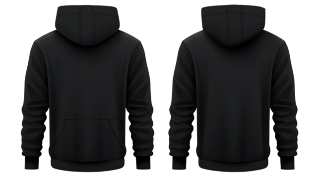 Blank black hoodie in front and back view, mockup, white background