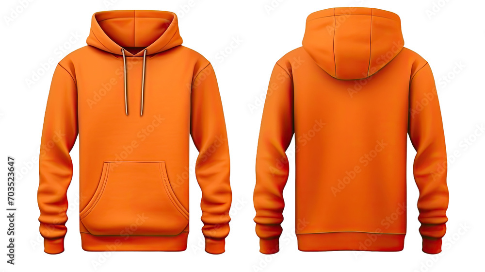 Wall mural Blank orange hoodie in front and back view, mockup, white background