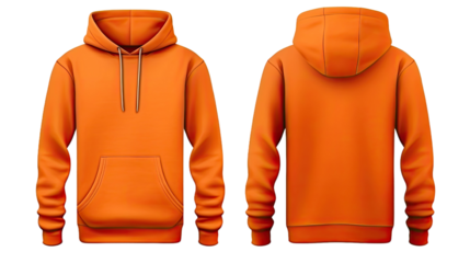 Blank orange hoodie in front and back view, mockup, white background