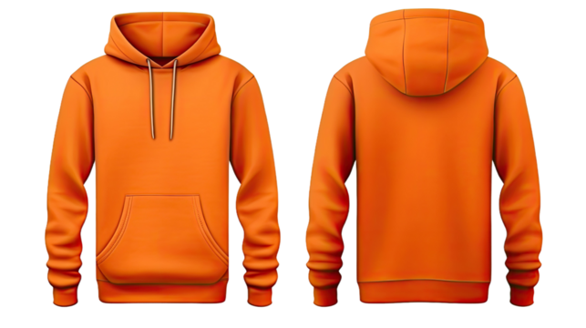 Blank orange hoodie in front and back view, mockup, white background