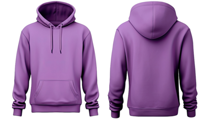 Blank purple hoodie in front and back view, mockup, white background