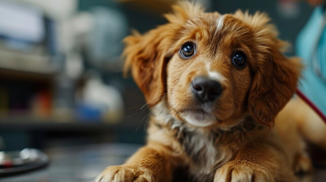 Tender Puppy Wellness Check:  A veterinarian gently examining a playful puppy during a comprehensive wellness check, creating a bond of trust
