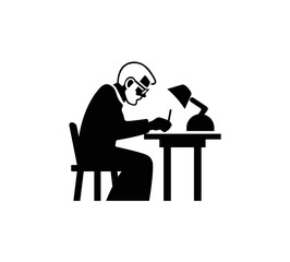 Vector illustration of a silhouette of a sitting man wearing glasses at an office desk