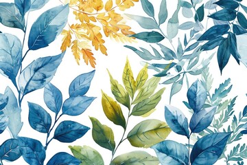 Watercolor leaves pattern on white background. Generative AI.